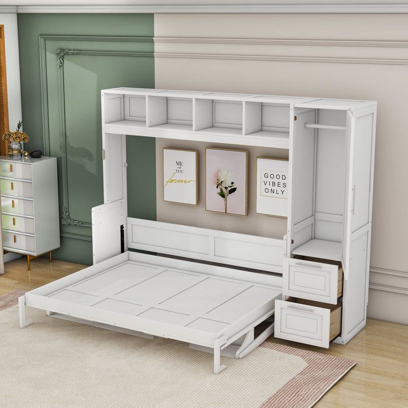 Lit escamotable en bois avec tablettes et tiroirs Nodine, Grand, Blanc