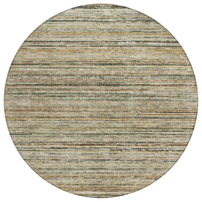 8' Beige Round Striped Washable Indoor Outdoor Area Rug