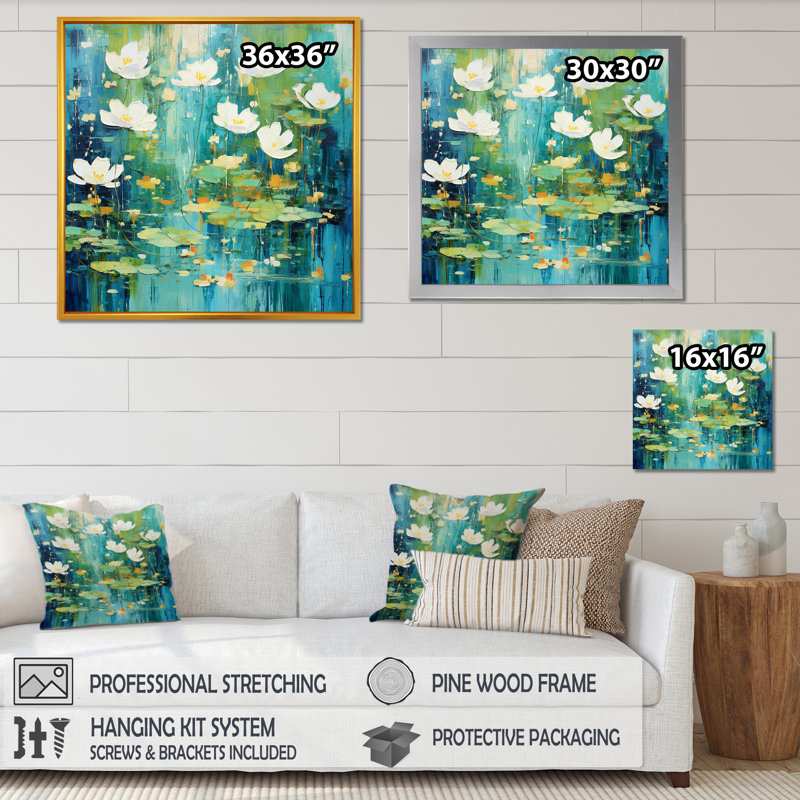 «Green Peaceful Floral Tide Pools» - art mural minimaliste côtier, Cadre flottant noir, H 36 po x l 36 po x P 1,5 po