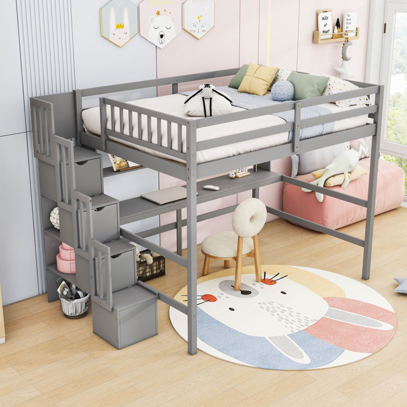 Lit mezzanine double en bois avec escalier de rangement, bureau et tablettes, Gris