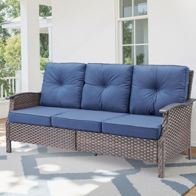Canapé d'extérieur en osier durable de 73,4 pouces de largeur avec coussins bleus pour le confort du patio et du jardin