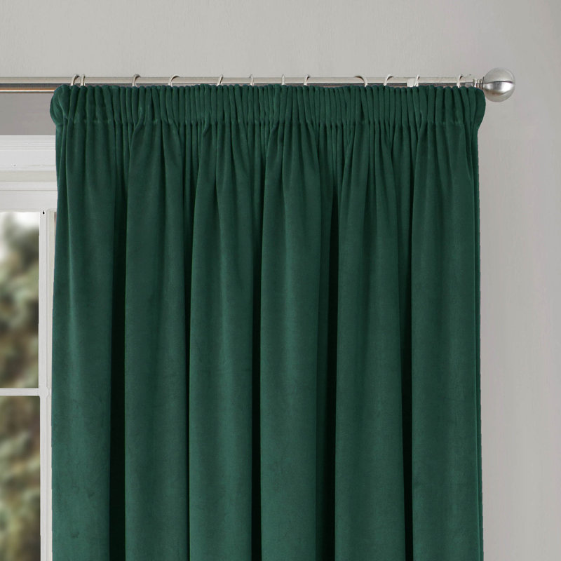 Velour Fully Lined Pencil Pleat Room Darkening Curtains, 114cm Width x 121cm Drop, Bottle Green