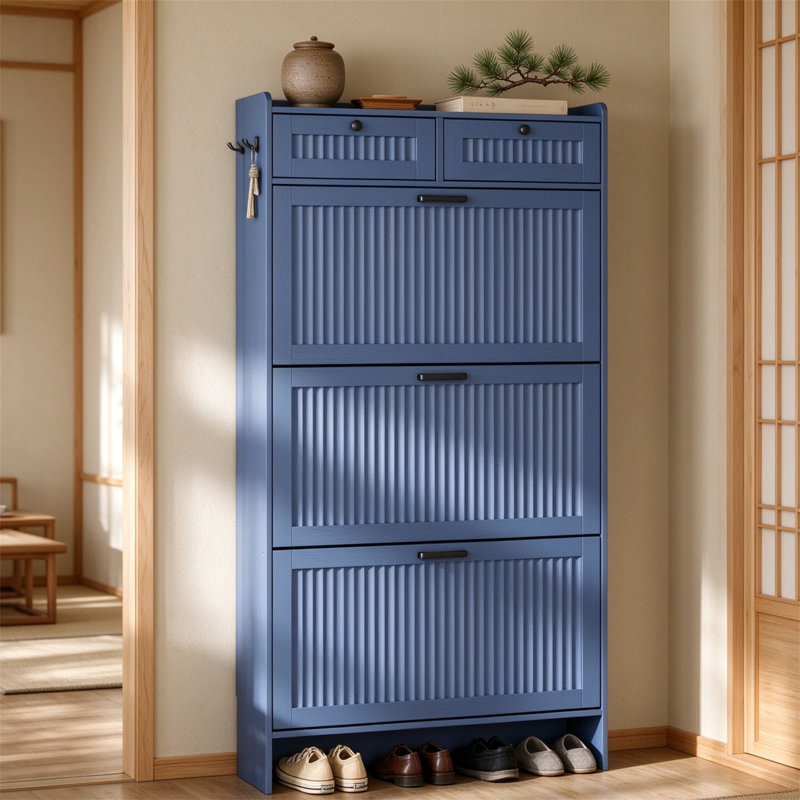 Grooved-Front Modern Shoe Cabinet with Adjustable Shelves — Entryway Shoe Organizer with 3 Flip-Open Drawers & 2 Storage Drawers — Slim Hidden Shoe Rack Cabinet for Hallway & Foyer
