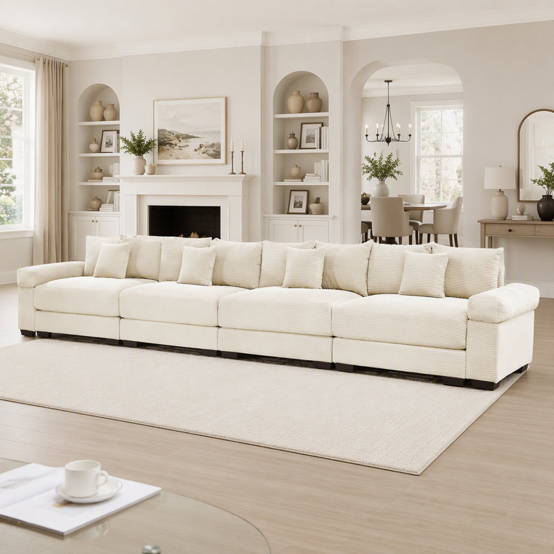 Canapé d'angle modulaire Cloud surdimensionné de 432 cm (170 pouces), velours côtelé de qualité supérieure, accoudoirs extra-épais, coussins à haute résilience, 12 coussins décoratifs, design ergonomique, montage facile, couleur crème