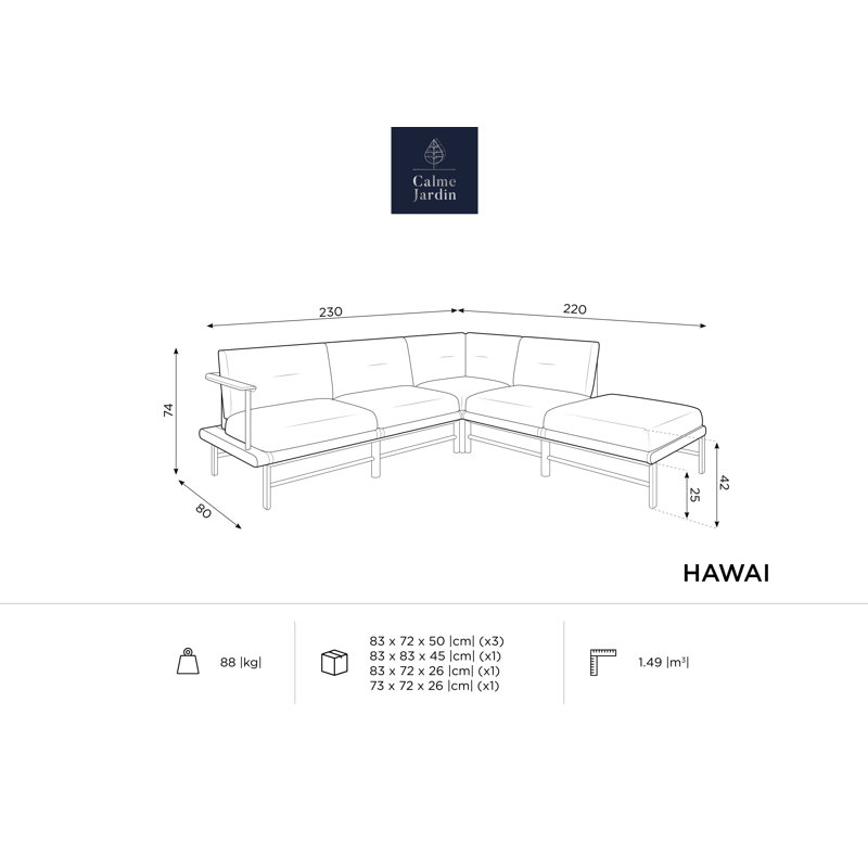 230cm Wide Ash Patio Sectional with Cushions, Dark Blue, Right Hand Facing