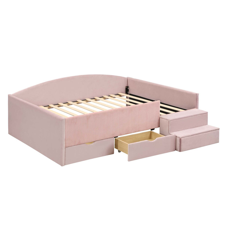 Cadre de lit de jour rembourré peu encombrant avec deux tiroirs de rangement, Rose