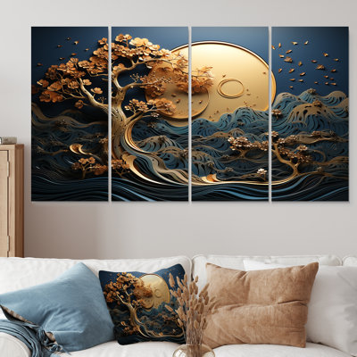 Gold And Blue Coastal Ambiance III - Tree 4 Piece Wall Art