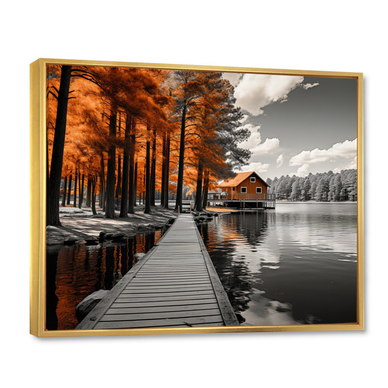 Orange Lake Orange Lakeside Whispers - Lake House Cottage Wall Art Prints, Cadre flottant doré, H 16 po x l 32 po x P 1 po