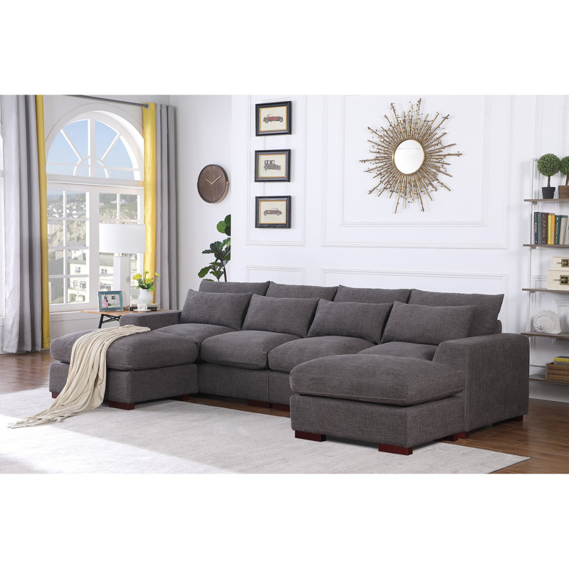 Canapé modulaire gris foncé avec repose-pieds - tissu de lin, facile à nettoyer, 2 coussins de dossier gris et respirants