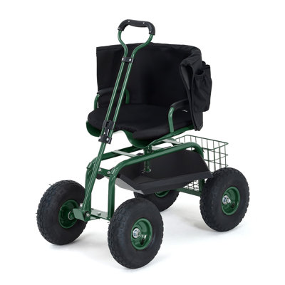 Siège de jardin roulant sur roulettes, chariot de jardin robuste de 400 lb avec siège pivotant réglable, panier de rangement et poignée extensible