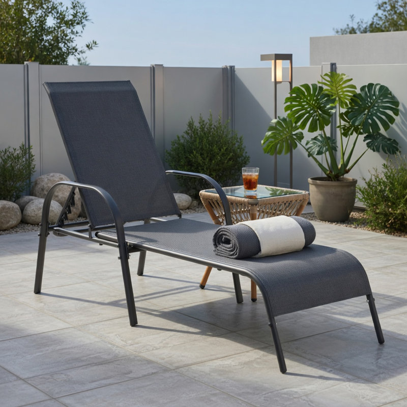 Chaise longue réglable pliante pour patio, piscine et cour arrière - gris foncé, structure en acier, dossier inclinable à 5 positions, capacité de 350 lb