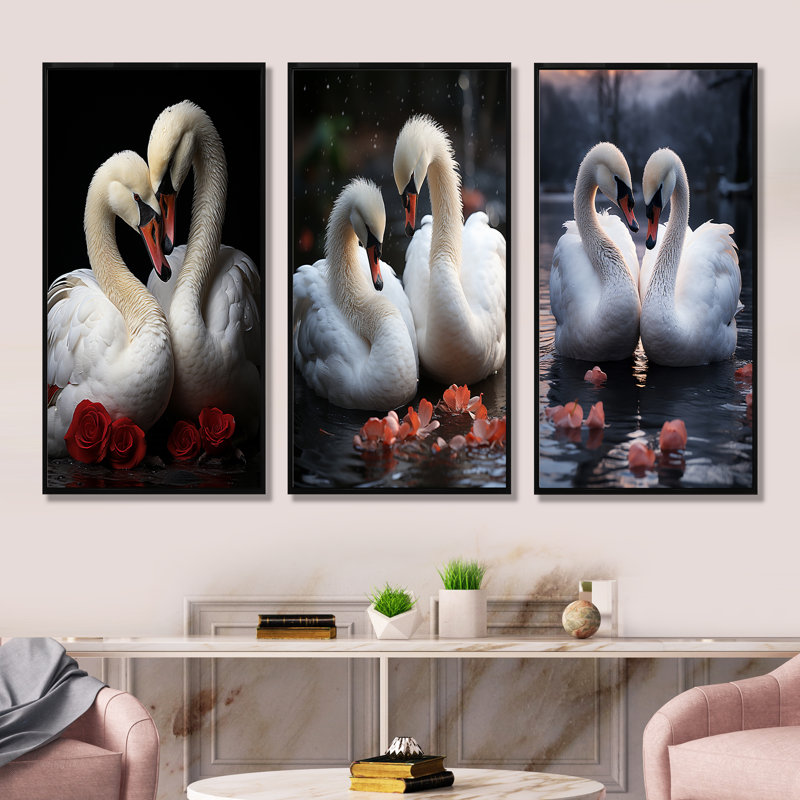 Swans Romantic Portrait - Ensemble de 3 décorations murales Swans, Cadre flottant noir, H 40 po x l 60 po