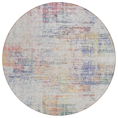 Tapis extérieur rond lavable abstrait ivoire 8 pi orange et rosé