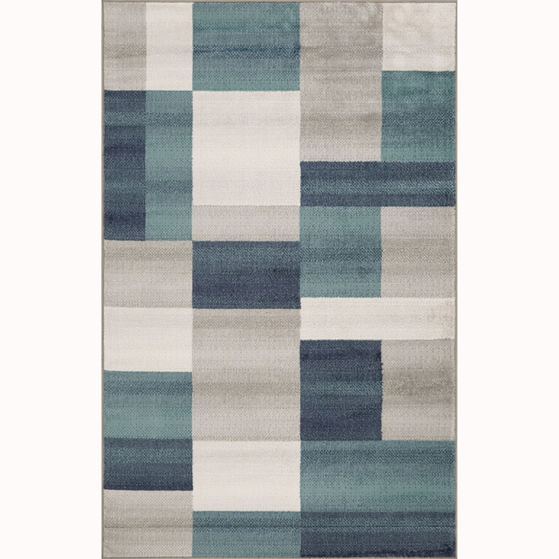 Tapis bleu sarcelle et gris tissé à la machine 5 pi x 8 pi Patchwork