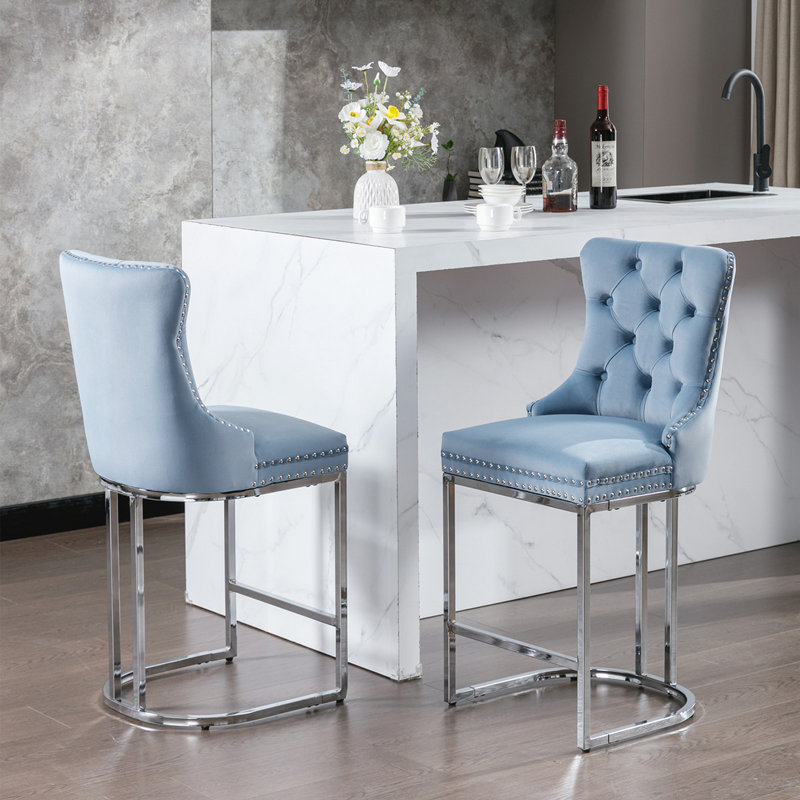 26 Inch Counter Height Bar Stools, Modern Velvet Upholstered with Button Back, Rivet Trim, and Chromed Metal Base for Kitchen Island