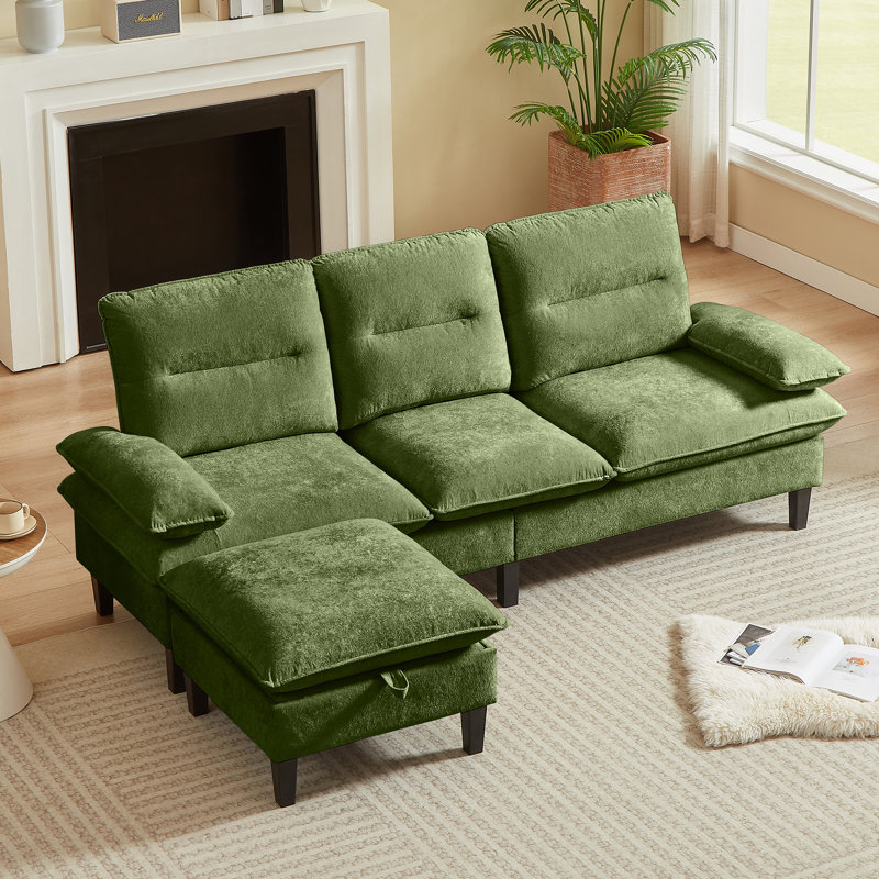 86.22" Chenille Sectional Sofa With Ottoman, Green