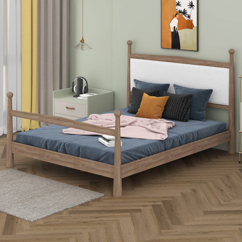 Platform Bed Frame, Solid Wood Bed Frame With Upholstered Headboard In Boucle And Slats Support, No Box Spring Needed, Queen