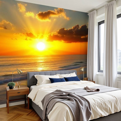 Peel and Stick Wallpaper 96" W x 69" H Modern Self Adhesive Wall Mural for Bedroom Majestic bright sunrise ocean