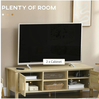 Meuble audio-vidéo de style bohémien de 60 pouces avec porte en osier, tablettes réglables et armoires de rangement, centre de divertissement en bois naturel, convenant aux salons et aux chambres à coucher