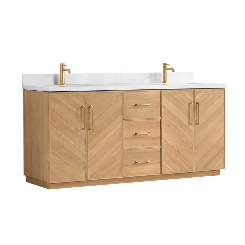 Meuble-lavabo double Hayter en gris classique d'acacia avec plateau en pierre composite grain blanc, 72"