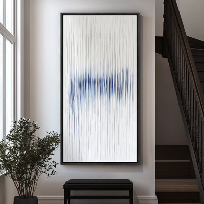 Minimal Blue Watercolor Vertical Soundwave Pattern - Large Framed Canvas Master Bedroom Wall Art Print