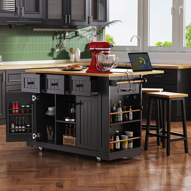 53inch Large Kitchen Island with Drop Leaf, Black