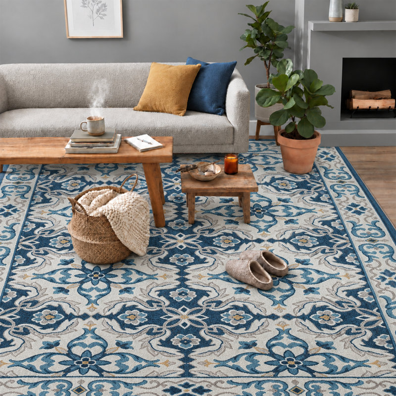 LUNA Machine Tufted Area Rug – Navy Blue & Ivory Mediterranean Pattern, Rectangle  60 x 110 cm
