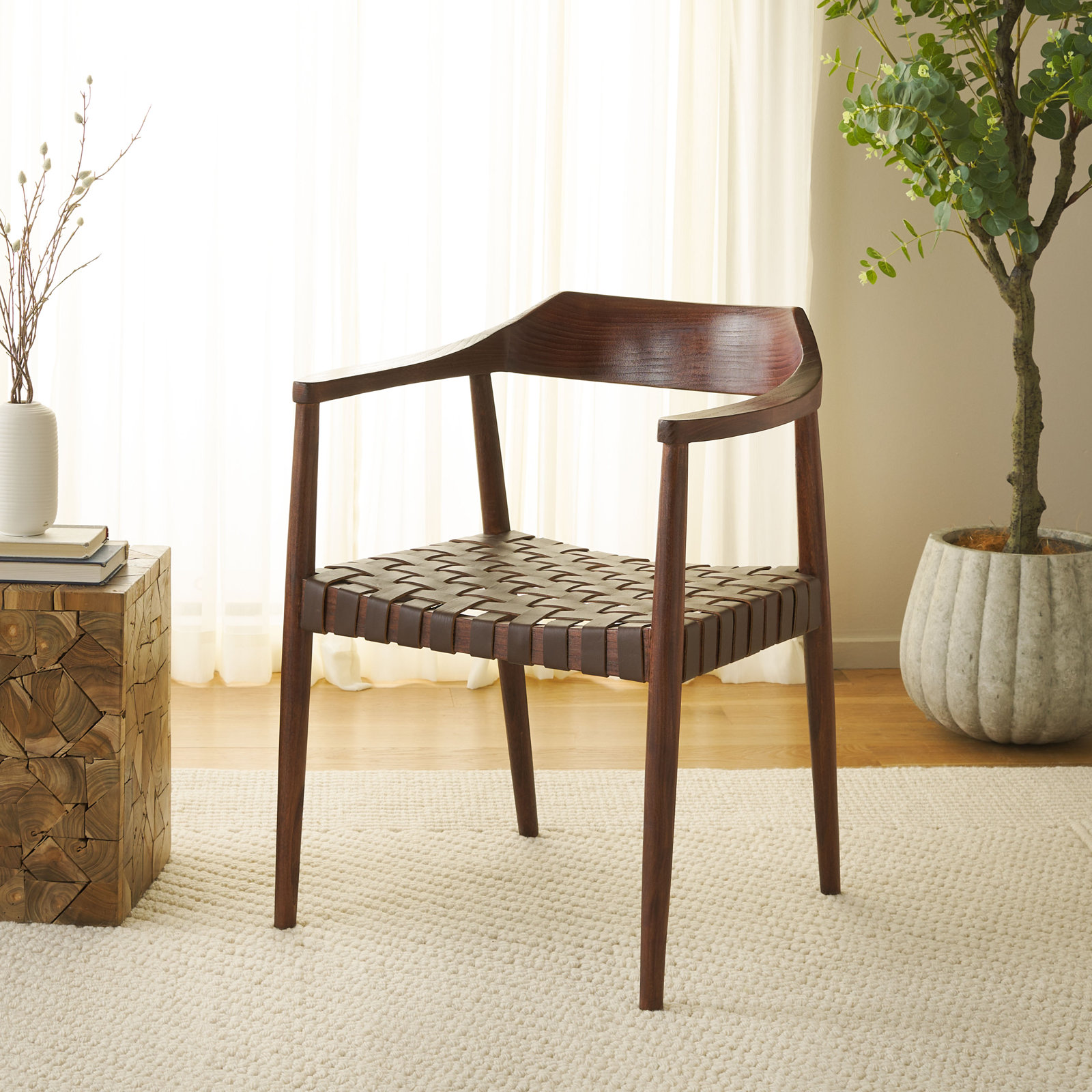 Noreen Side Chair, Cognac Genuine Leather, Walnut