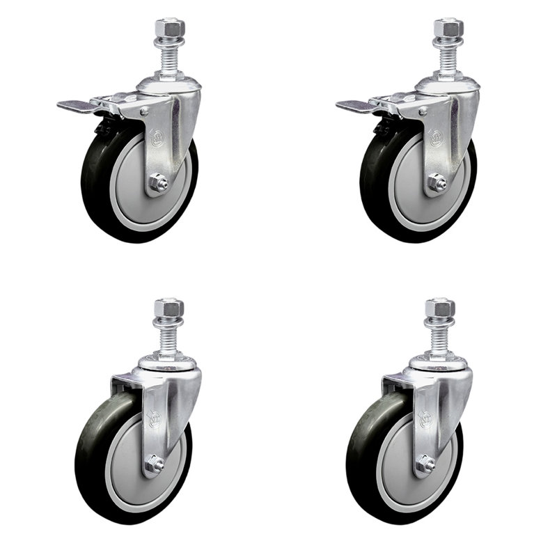 Ensemble de roulettes à tige pivotante en polyuréthane 5 mm, 12 mm, 2 freins à verrouillage total SCC, Noir