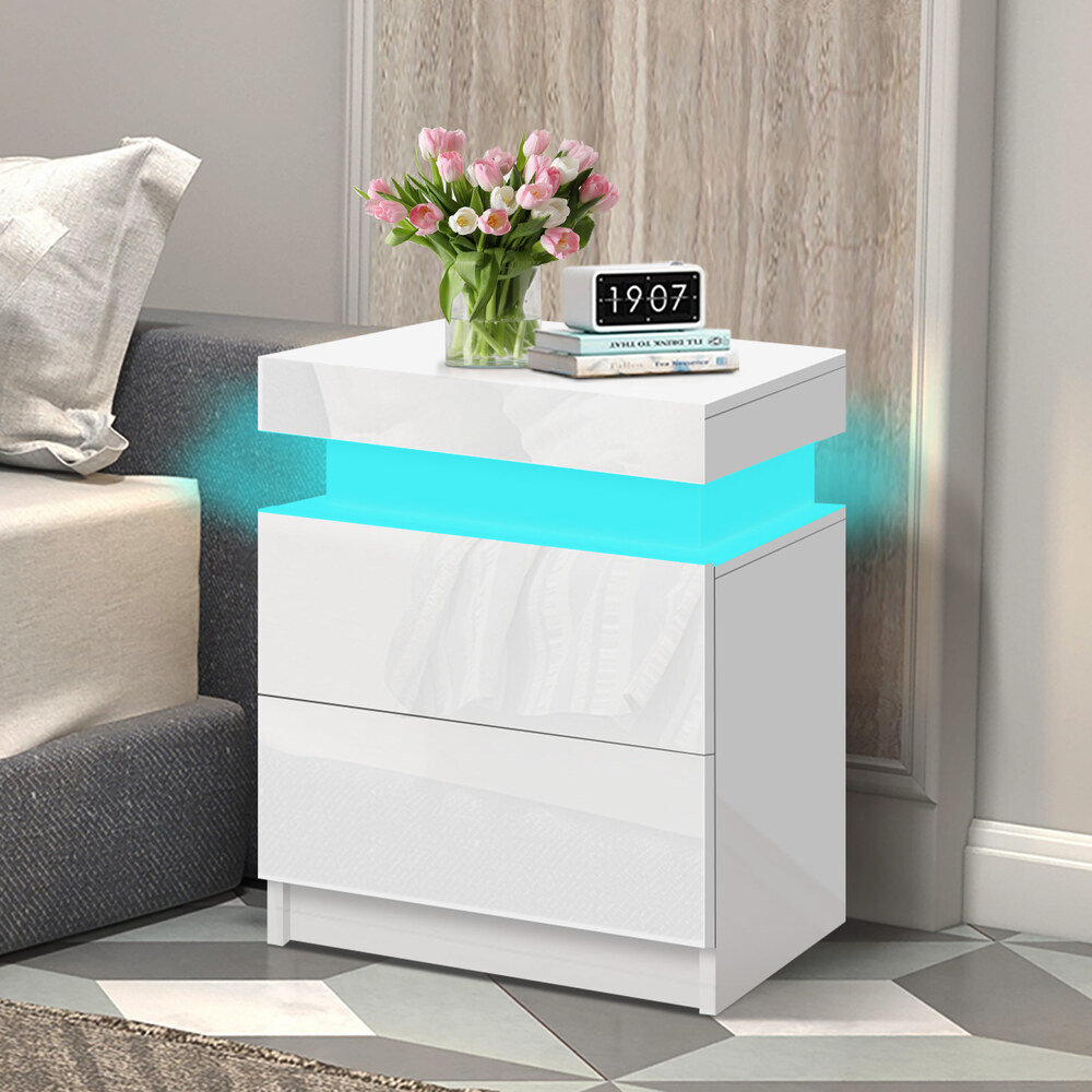 ELFORDSON Bedside Table LED Bedside Cabinet 2 Drawers 4 Side High Gloss Nightstand