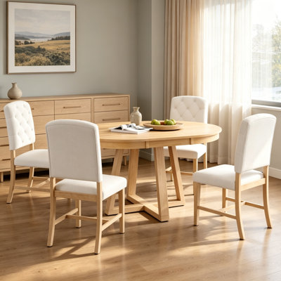 Ensemble de salle à manger 5 pièces rond en bois massif convertible rond à ovale, table de salle à manger à piédestal croisé avec rallonge amovible et 4 chaises d'appoint rembourrées capitonnées en diamant pour la cuisine et la salle à manger