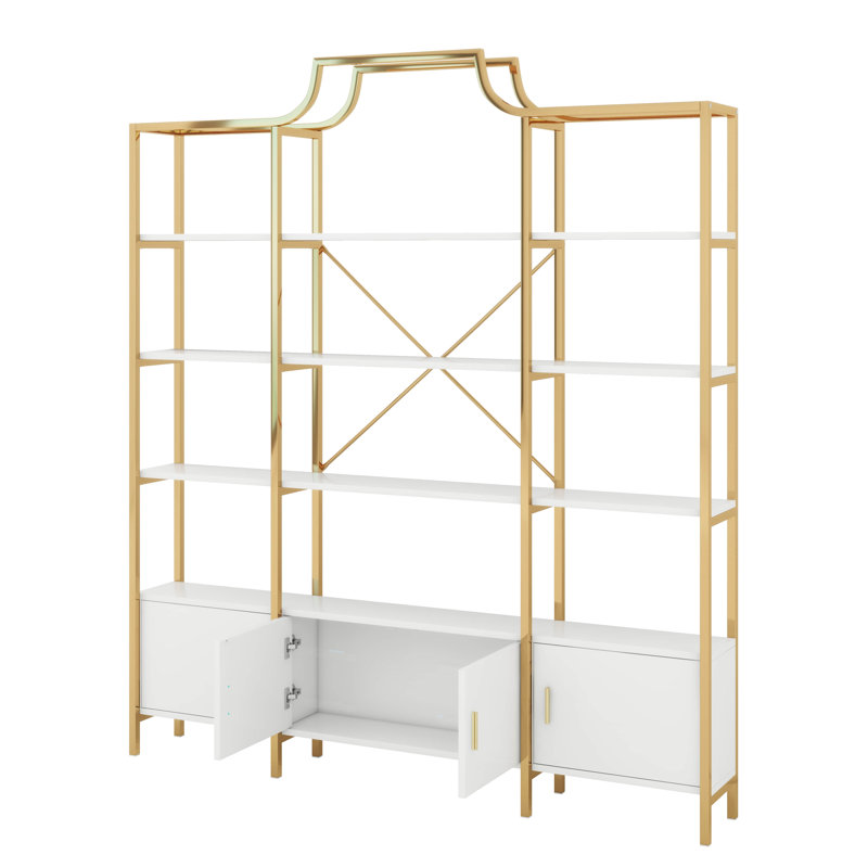 4-Tier Bookcase Modern Open Bookshelf, Display Shelf Storage Organizer With Storage Cabinets & Back X Bar Gold Frame