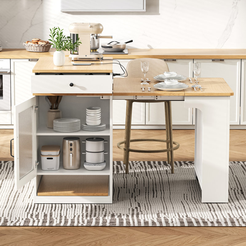 Îlot de cuisine 59,5 po avec table de salle à manger extensible K & k | Rangement double face, 2 tiroirs et prise de courant intégrée