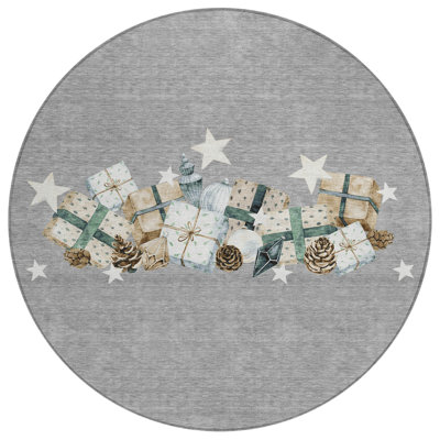 Machine Washable Indoor/Outdoor Christmas Presents Xhevrie Gray Rug