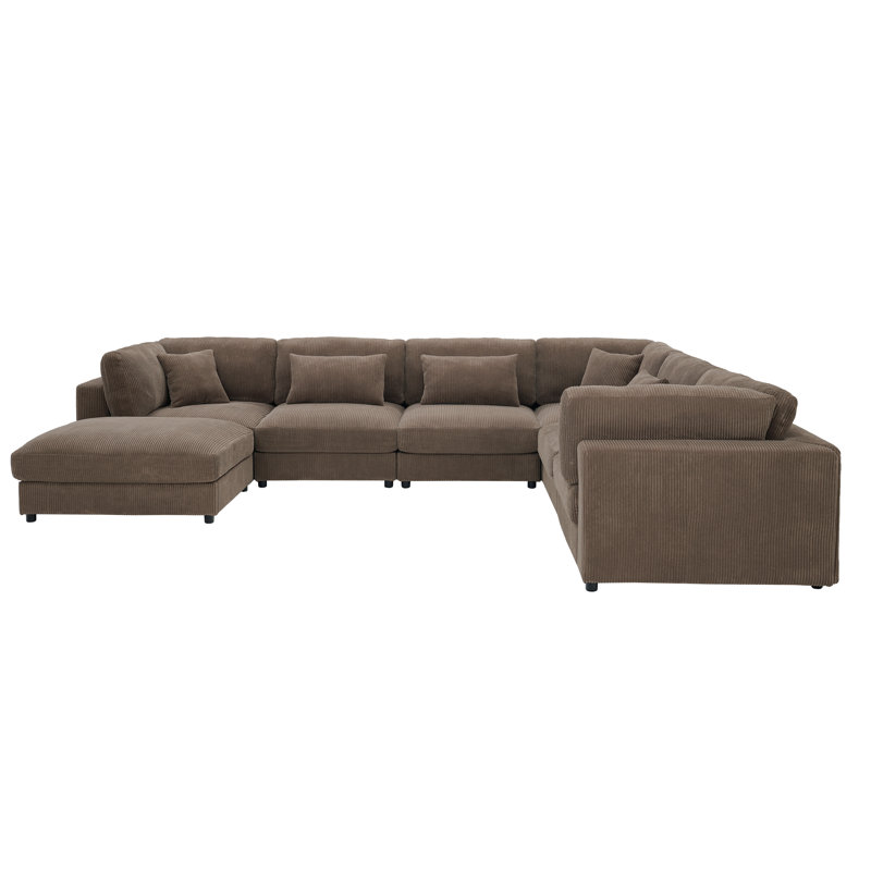Canapé d'angle en velours côtelé marron, 366 cm (L) x 284 cm (P) x 84 cm (H), configuration personnalisable.