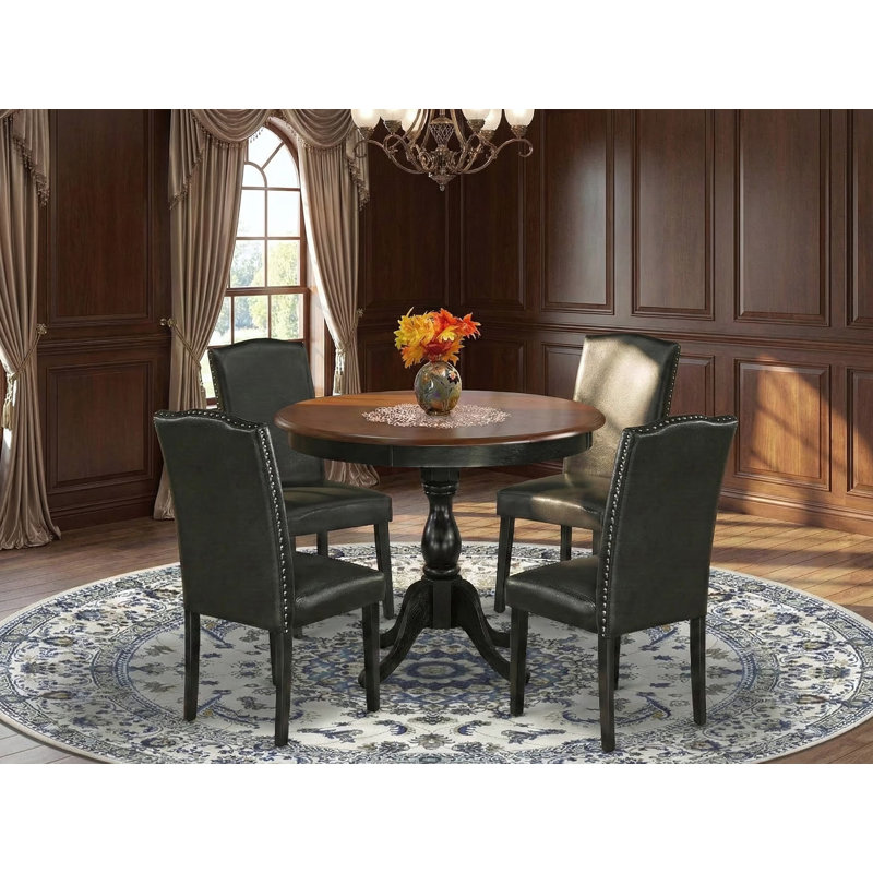 L'ensemble de 5 tables rondes comprend une table de cuisine en bois et 4 chaises rembourrées en similicuir de polyuréthane noir avec dossier haut - Finition noire