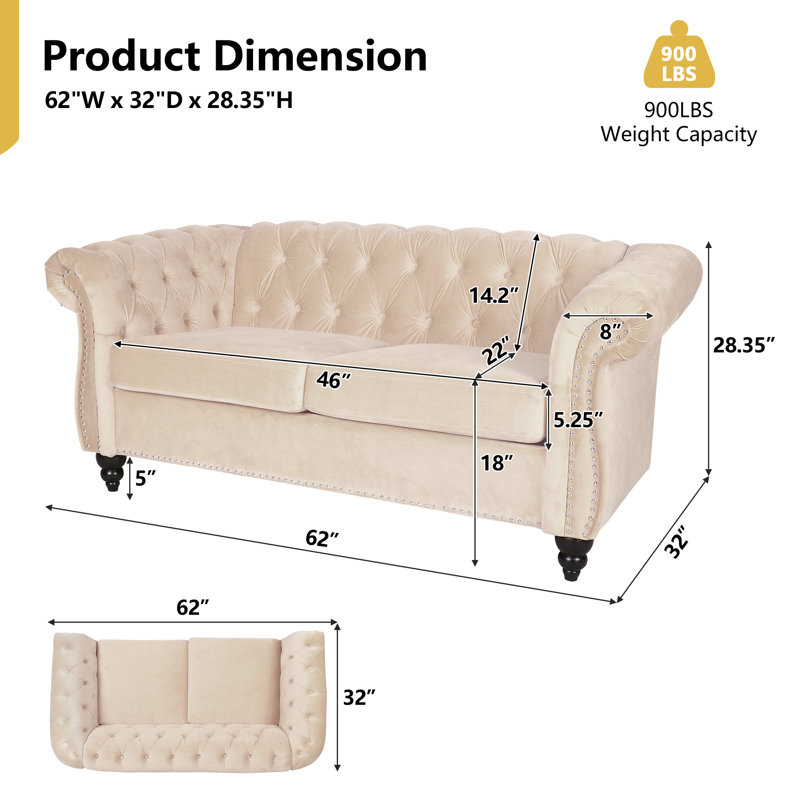 Johnette 62'' Velvet Rolled Arms Chesterfield Sofa, Beige Velvet