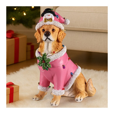 Statue de Noël Golden Retriever, figurine de chien de fête en tenue de Père Noël rose, décoration intérieure en résine