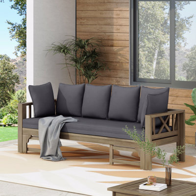 Canapé-lit de jour, canapé d'extérieur extensible en bois d'acacia 3 places, canapé rembourré, chaise longue spacieuse