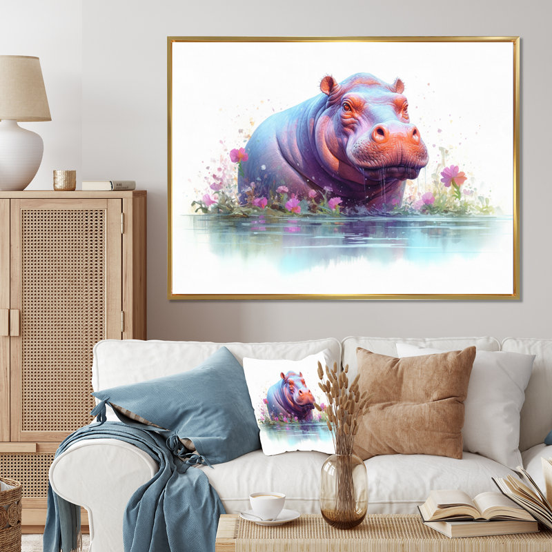 Hippopotame animé sur toile, H 34 po x l 44 po x P 1,5 po, Cadre flottant doré