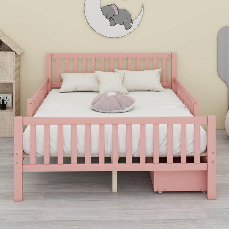 Storage Bed Frame For Kids, Wood Bed With 2 Drawers,Platform Bed With Guardrails On Both Sides For Kids, Girls, Boys, Full