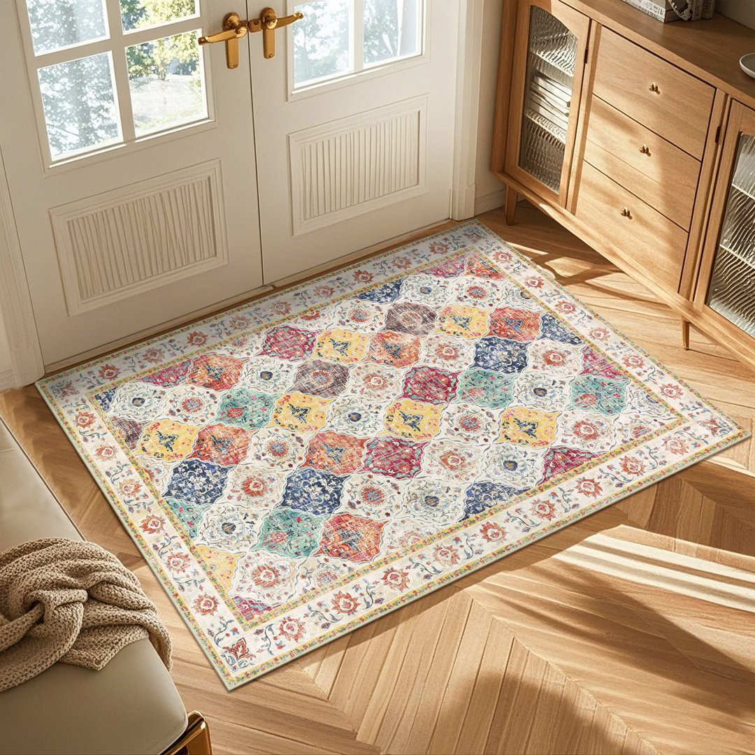 Machine Washable Non-Slip Oriental Area Rug Beige/Yellow/Orange Bungalow Rose Rug