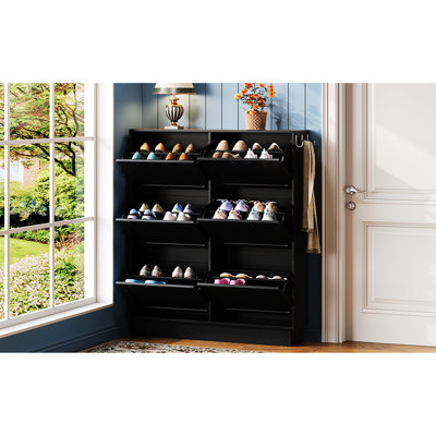 Modern Narrow Black Shoe Cabinet, 6 Flip Drawers, Adjustable Shelf, 3 Hooks, Space Saving Elegant Design For Entryway Storage Build, Cream Style, Organization