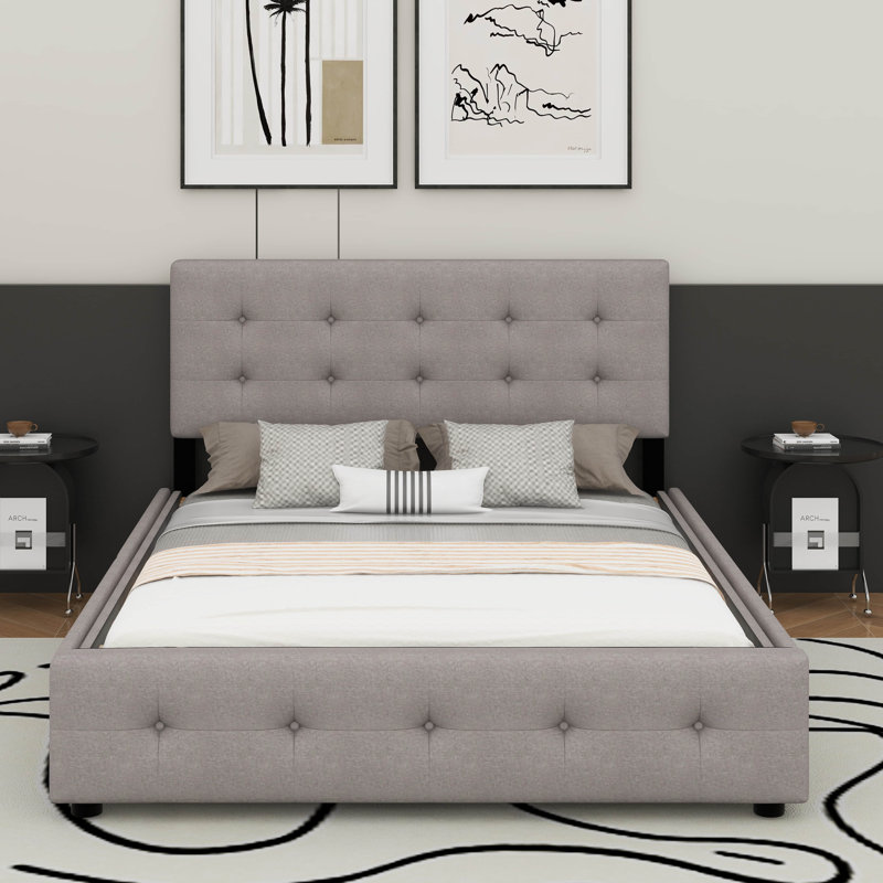 Grand lit plateforme tapissier avec 2 tiroirs et un lit gigogne, Gris clair