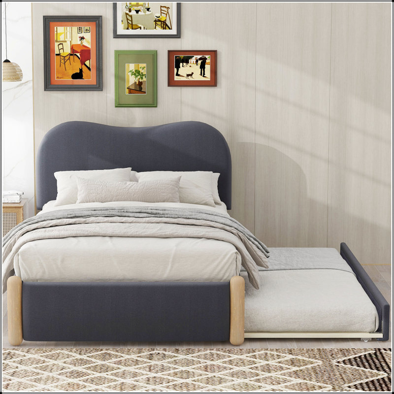 Lit plateforme tapissier avec pieds de soutien en bois et lit gigogne simple, durable et peu encombrant pour les chambres à coucher modernes