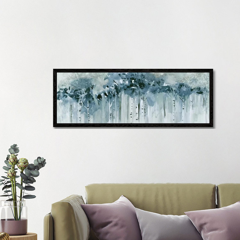 Blue Birch Morning by Susan Jill - Panoramic Painting on Canvas, 121.92 cm H x 40.64 cm W, Black Framed