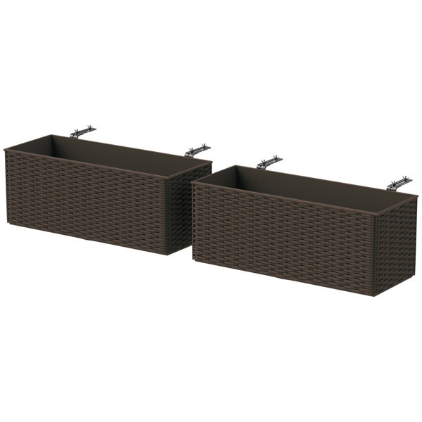 2-Pack PP Rattan Planter Box with Drainage Plug & Metal Hook – 19.7 Inch Outdoor Container for Balcony Patio