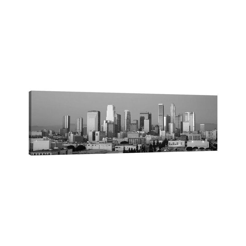 Los Angeles Panoramic Skyline Cityscape (Black & White - Dusk) by Unknown Artist - Wrapped Canvas Panoramic Print