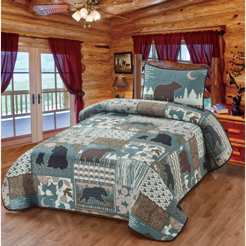 Ensemble de literie courtepointe Timberland Bear Patchwork Boho Forest, Courtepointe pour lit simple + 1 taie décorative 