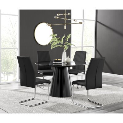 Edward Statement Pedestal Dining Table Set with 4 Luxury Faux Leather Upholstered Dining Chairs -  East Urban Home, 5F0D25F303954171A7419867AF9622BE